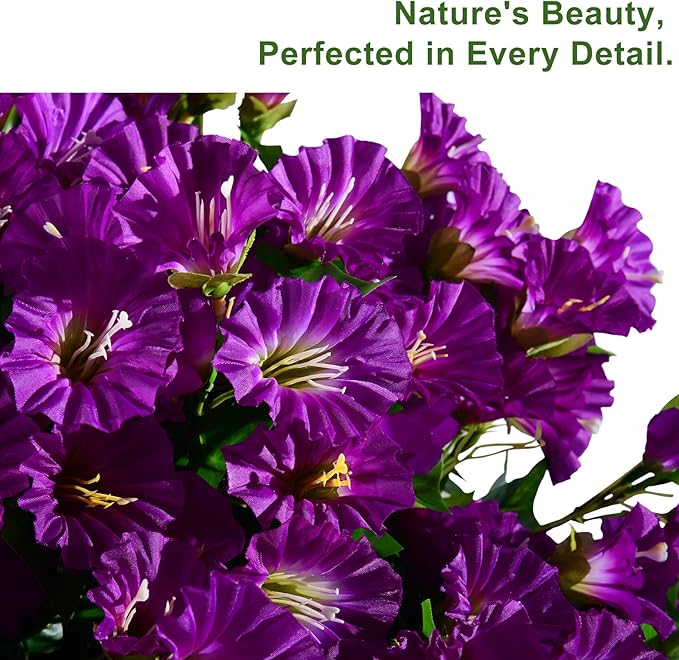 Artificial Morning Glory Flowers Plants for Outdoor 8 Pcs Faux Silk Petunias Flower Realistic Faux Flowers Plants for Outside Planter Porch Yard Patio Balcony Home Indoor Decor (8 Pcs Purple)