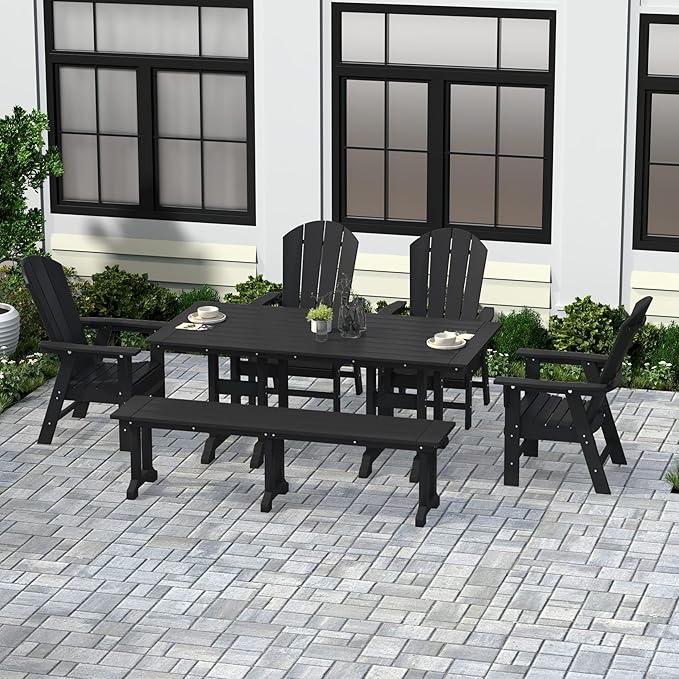 WestinTrends Malibu 6 Piece Adirondack Patio Dining Set with Bench, All Weather Poly Lumber Outdoor Table and Chairs, 71" Trestle Dining Table, 4 Adirondack Chair with Dining Bench, Black