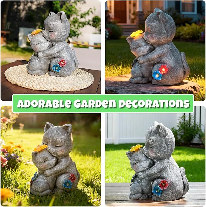 Komothala Solar Garden Statue Light, Cute Cats with Flowers Outdoor Deco for Patio, Lawn, Yard, Housewarming Birthday Gifts for Cat Lovers, Mom,Grandma,Women (Grey Cat)
