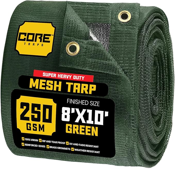 Core Tarps 60% Green Shade Cloth with Grommets - 8 X 10 FT Heavy Duty Mesh Tarp - Sun Shade Cloth for Garden Vegetables Plants Greenhouse Outdoors Backyard Fences Dump Trucks Patio Mesh Shade Tarp
