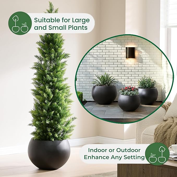 FloraFairy Fiberstone Sphere Planter, Black 15.8" Dia Round Flower Pot with Drainage Hole and Removable Plug, Round Plant Pot for Indoor Outdoor Use, 11.8" Opening-10.9" H, Medium