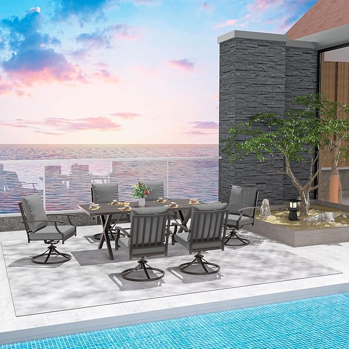 7-Piece Patio Dining Set Outdoor Conversation Set,Metal Outdoor Furniture Set with Umbrella Hole Cut-Out 78.7" x 35.4" Table and 6 Metal Backrest Swivel Chairs for Backyard,Garden,Grey
