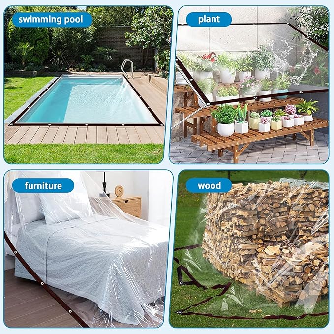 Clear Tarps with Grommets 8x12ft-2P,Heavy Duty Waterproof Tarp Cover,Transparent PVC Vinyl Tarpaulin for Outdoor,Plant,Garden,Chicken Coop,Patio,cat Litter