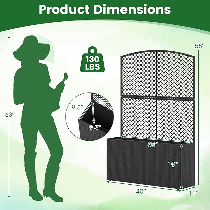 Happygrill Raised Garden Bed with Trellis, 58" Wicker Planter Box with Privacy Screen, Liner, Drainage for Patio Balcony, Outdoor PE Rattan Elevated Garden Bed for Climbing Plant Vine Flower (Black,2)