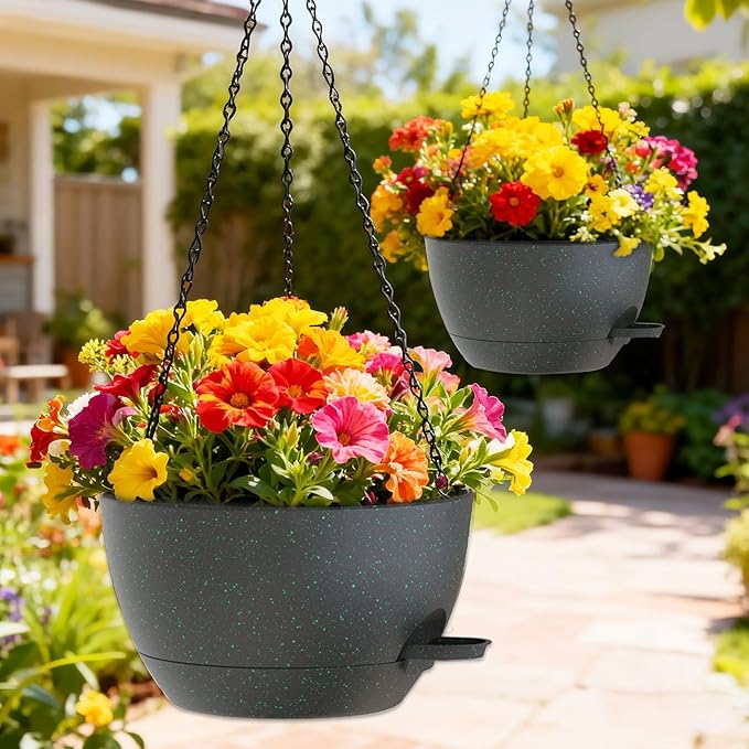 SQKH 12 Inch Hanging Baskets 2 PC with Chains, Self-Watering Hanging Planters for Indoor Outdoor Plants, Plastic Hanging Flower Pots, Black with Green Speckles