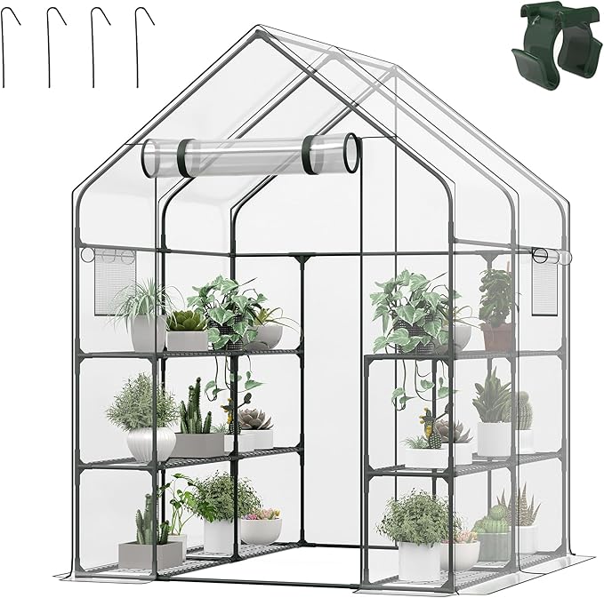 Walk in Greenhouse with Screen Windows & Roll-Up Zipper Door, 56 x 56 x 77'' Plant Green Houses for Outdoors, 3 Tiers 12 Shelves Stands Plastic Portable Small Indoors Warm (Clear)
