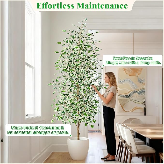 8FT Artificial Ficus Trees Indoor Faux Trees Indoor Fake Floor Plants Tall Artificial Tree with White Pot Faux Tree Fake Indoor Tree Silk Plants Artificial Trees for Home Decor Indoor
