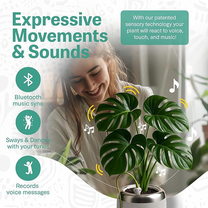 PLANTPETZ Large Robotic Planter – Smart Planter Fits 4 Inch Pots | Bluetooth Speaker | Interactive Smart Plant Pot Turns A Real Plant Into a Touch/Motion Responsive Companion - Sand Beach Tan