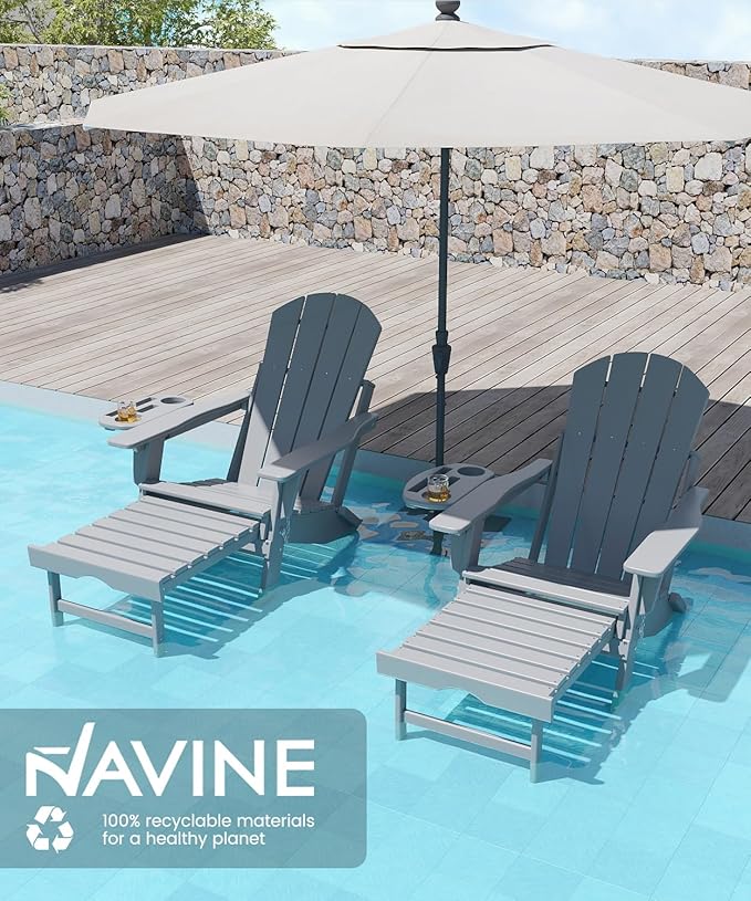 Adjustable Adirondack Chair with Retractable Ottoman Set of 2, HDPE Folding Adirondack Chair with Cup Holder, All Weather Fire Pit Chair for Outdoor,White Grey