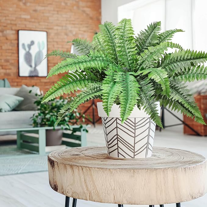 FineCheer Fake Ferns Potted Plant Faux Boston Bush in Pot Artificial Greenery Fern Plant for Spring Summer Patio Garden Farmhouse Windowsill Entrance Porch Office Living Room Decor (24 Leaves)