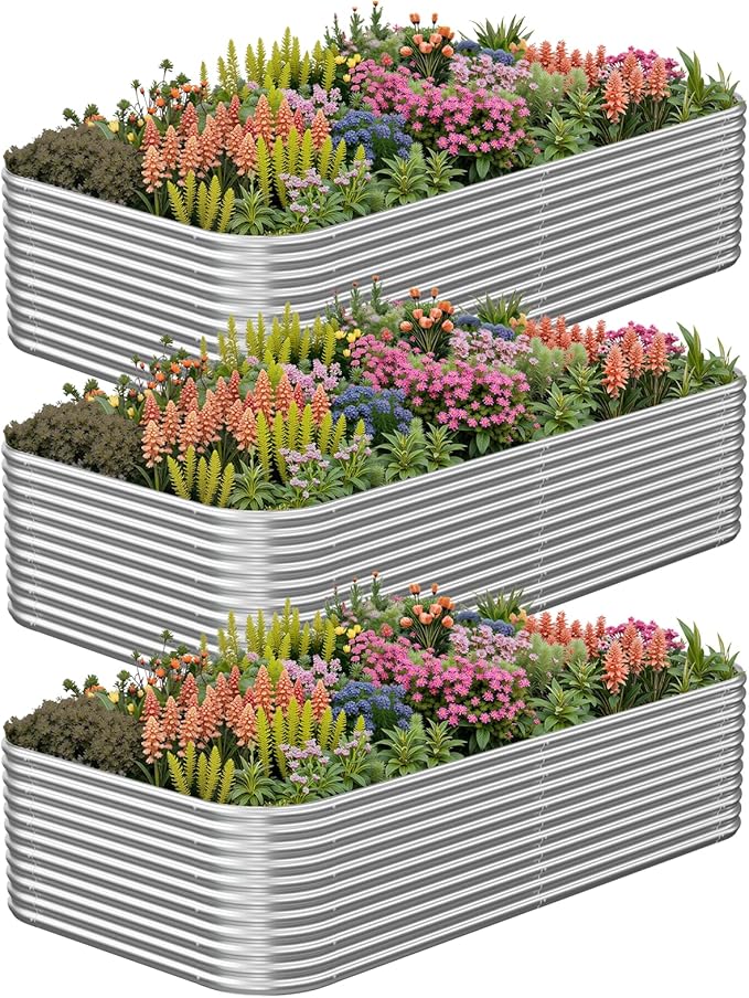 3 Pack Tall Raised Beds for Gardening, Corrugated Galvanized Steel Raised Garden Bed, Outdoor Metal Above Ground Garden Bed for Vegetables and Flowers-4x2FT