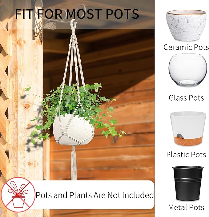 IDEEEPAN Macrame Plant Hanger - Fits 4 to 13 inches Pots for Indoor Outdoor, 34"/41"/46" 3 Sizes Set, Ivory (POTS NOT Included)