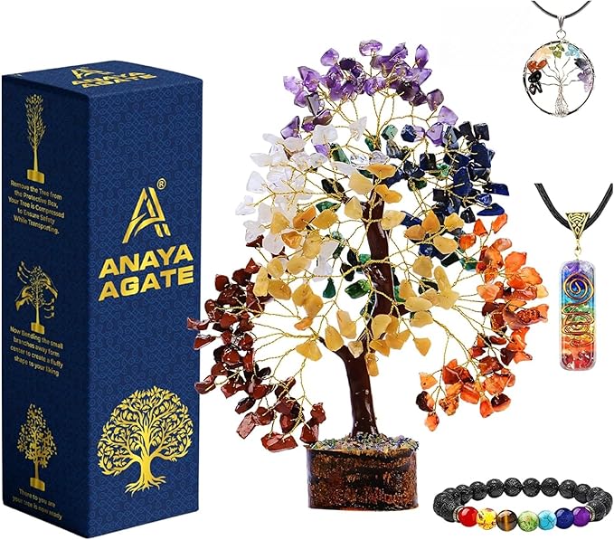 ANAYA AGATE 7 Chakra Healing Crystal Tree Kit, Bracelet, Pendant, Necklaces, Handmade Gemstone Money Bonsai Tree of Life Feng Shui Decor for Home Office, Positive Energy, Reiki Healing, for Women