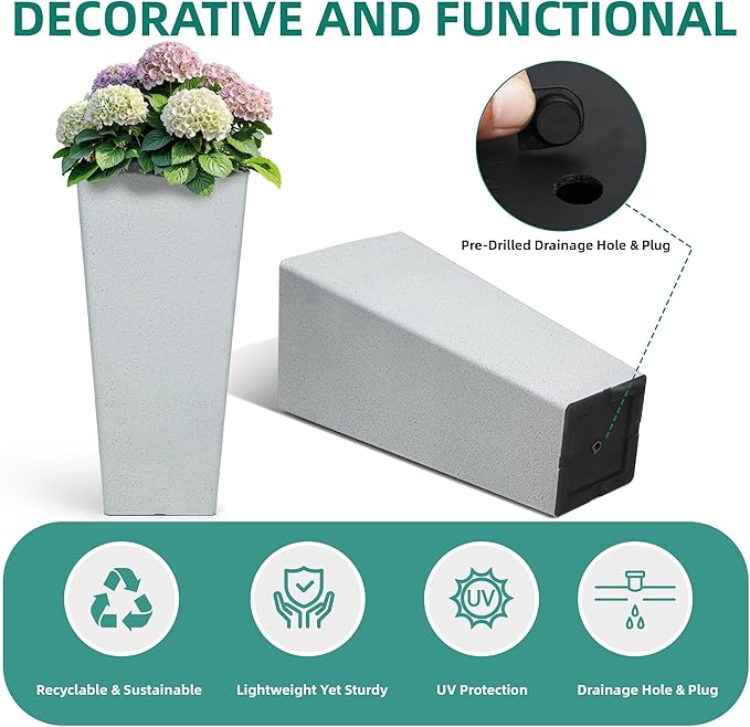 Autodaya 28" Plant Pots Tall Planters for Plants Outdoor Large Set of 2 Plastic Flower Pots Tapered Plant Containers Front Porch Decor for Garden, Patio, Deck, Indoor Terrazzo White