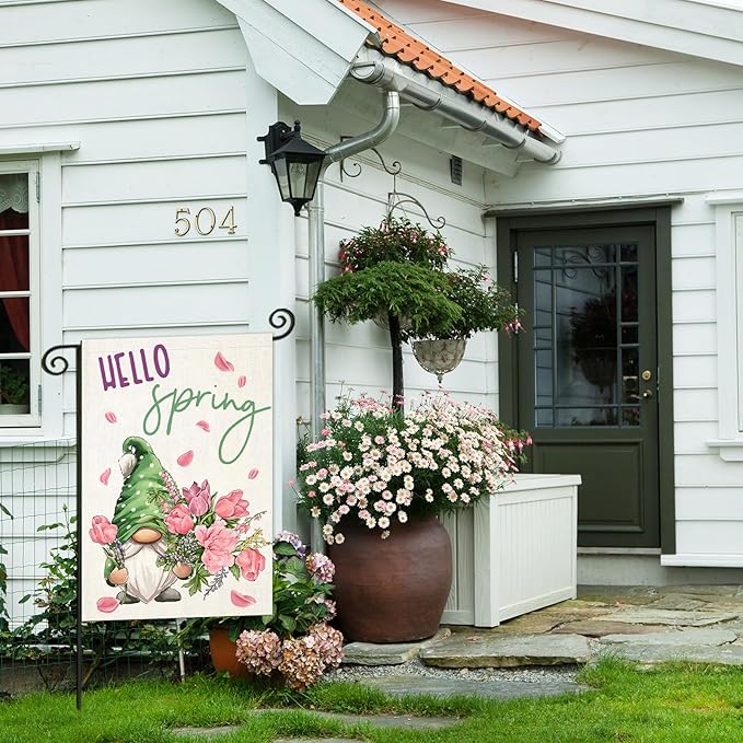 Hello Spring Garden Flag for Outside 12x18 Double Sided,Gnome with Roses Flowers Small Yard Flag, Summer Seasonal Decors for Outdoor Anniversary Wedding Farmhouse Holiday