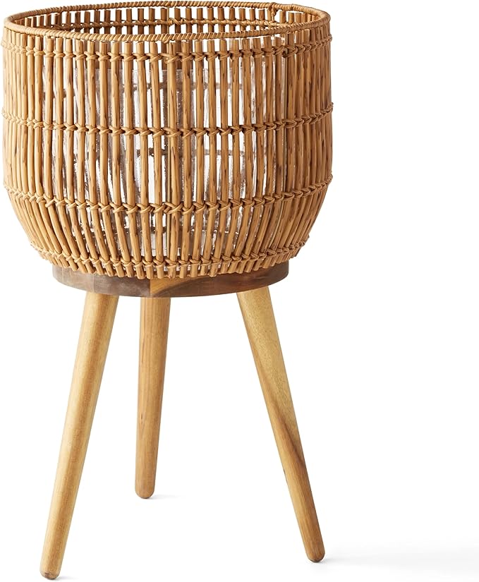 13 Inch Round Brown Resin Rattan Planter & Stand with Acacia Wood Legs, Decorative Indoor Outdoor Plant Pot for Patio & Living Room