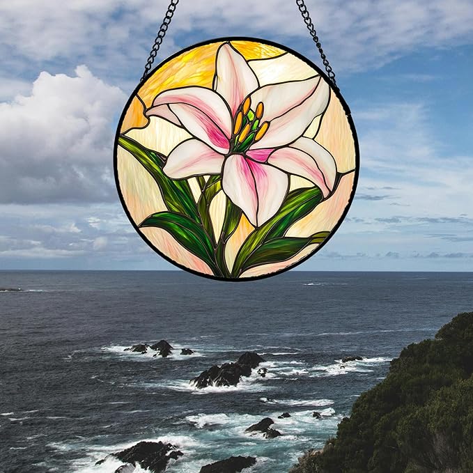 AMDERVEN Stained Glass Window Hanging 4 Pcs Set Lily Rose Sunflower Poppy Large 11.8" - Flower Suncatcher Door Garden Sun Catcher Decor Birthday Mother's Day for Wife Woman Nana Girl