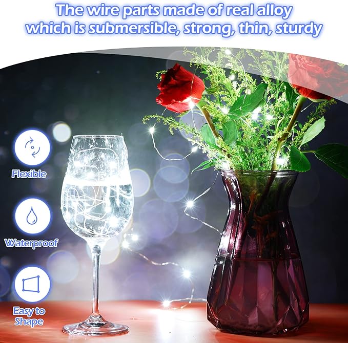 Hortsun 100 Packs Fairy Lights Battery Operated 3 Speed Modes, 7 Ft/ 2 M 20 LED Battery String Mini Waterproof Wire Twinkle Lights Bulk for Wedding Party Birthday Vases Decor (Cool White)