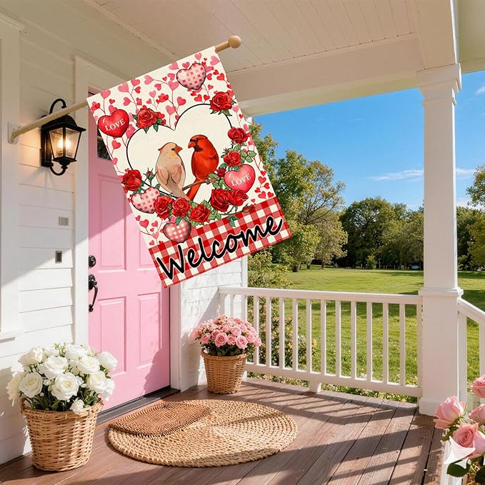 Welcome Valentine’s Day Cardinal Buffalo Love Heart Balloons House Flag large 28X40 Inch Big Vertical Double Sided Yard Outdoor Outside Holiday Decoration