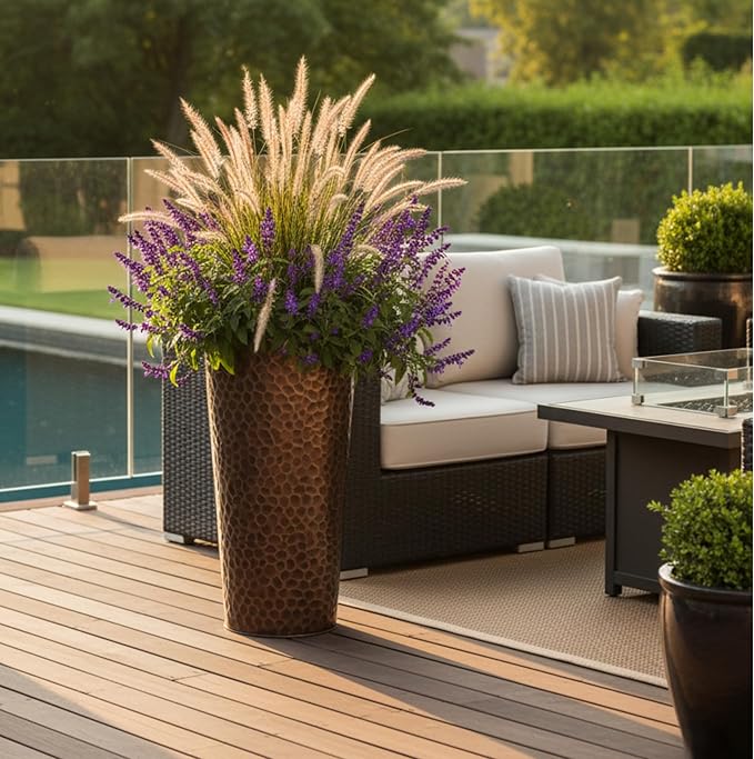H Potter Tall Copper Planter Indoor Outdoor – 28” Antique Copper Hammered Metal Garden Planter with Insert & Drainage – Large Decorative Floor Planter for Entryway, Porch, Patio