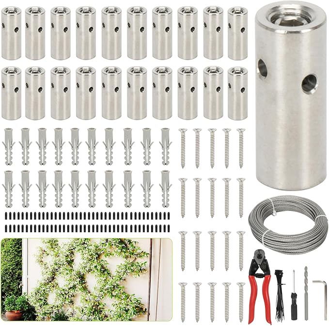 Wire Trellis for Climbing Plants Outdoor, 20-Set Wall Wire Trellis Kit with 1/8" x 98ft Stainless Steel Cable and Cutter, T316 Cylindrical Espalier System for Fence Garden DIY on Concrete Wood Walls