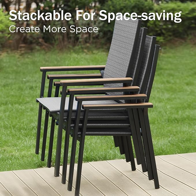 PHI VILLA Outdoor Stackable Chairs, Patio Chairs Set of 2, Light Weight Aluminum Frame with Textilene Fabric & Wood Armrest, High Back Deck Chairs for Poolside Lawn Garden, Blue