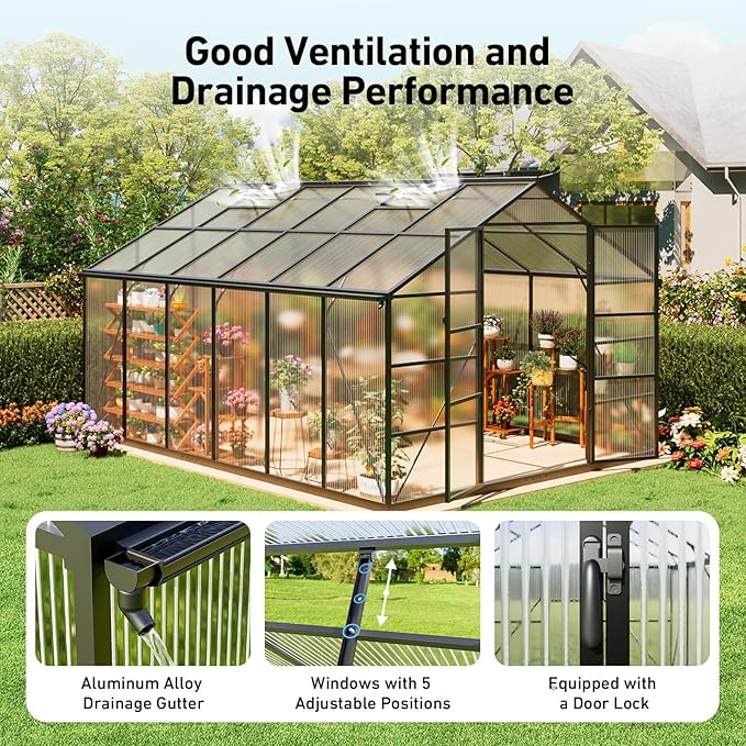 10x12FT Greenhouses for Outdoors, Polycarbonate Green House with UV Protection, Heavy Duty Greenhouse with Windproof Aluminum Frame, Roof Vent & Hygrometer for Backyard or Garden Use