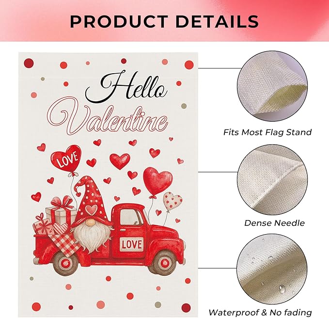 pretty_jessie Valentines Day Garden Flag 12x18 Inch Double Sided, Hello Valentine Gnome Red Love Hearts Burlap Yard Flag Anniversary Patio, Porch, Backyard Outdoor Decorations