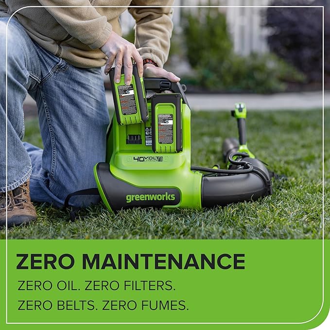 Greenworks 40V (710 CFM / 175 MPH) Brushless Backpack Blower, Commercial Power for Wet Leaves, Heavy Debris, Gravel and Driveway Snow, Includes (2) 5.0Ah HP Batteries & 4A Dual Charger