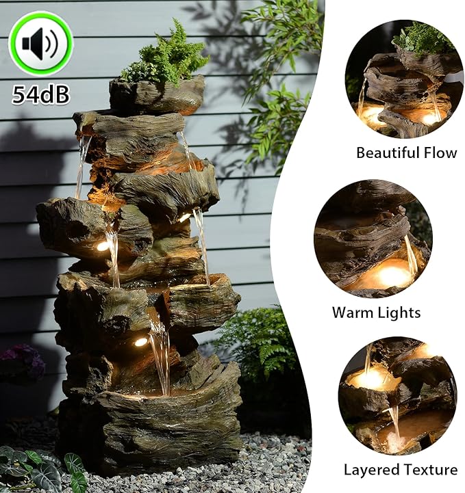 40.6" H Wood-Like Water Fountain Indoor & Outdoor, 5-Tier Natural Cascading Waterfall with LED Light for Patio, Porch, Garden, Home Decor, Medium Wood