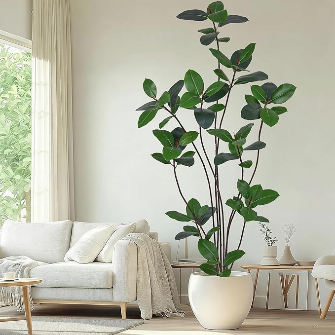 7FT Artificial Green Rubber Tree - 84" Faux Trees Indoor with 68 Lifelike Vivid Leaves and 10Heads, Tall Fake Potted Plant for Home Office Living Room Decor Housewarming Gift