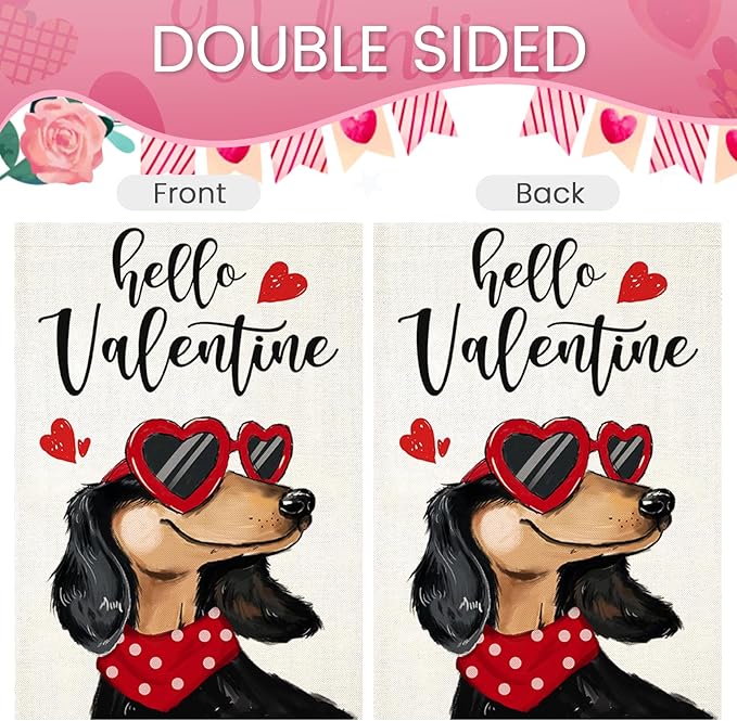 Hello Valentines Garden Flags 12x18 Inch Double Sided, Dachshund Dog with Love Sunglass Heart Small Seasonal Decoration for Holiday Anniversary Wedding Yard Outside Outdoor