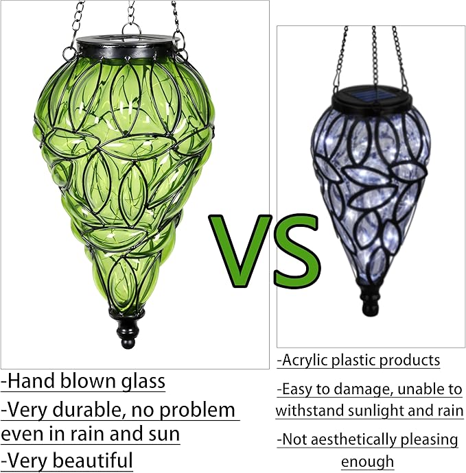 Naboher Solar Hanging Lantern Outdoor Garden Lights, Tear-Shaped Glass and Metal Hanging Lantern, 15 Firefly LED Lights, 7 x 24 Inch,(Green)