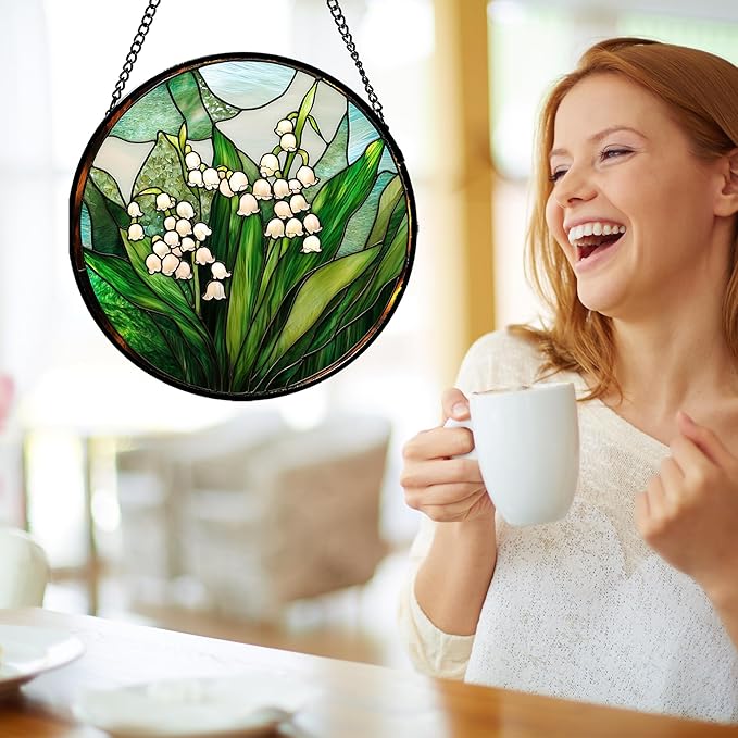 JOSUMALY Stained Glass Window Hanging - White Green Lily of The Valley Suncatcher for Doors Garden Terrace Plant Sun Catchers Decor Mother's Day Birthday Flowers Gifts for Women Men Mom 9.8 in