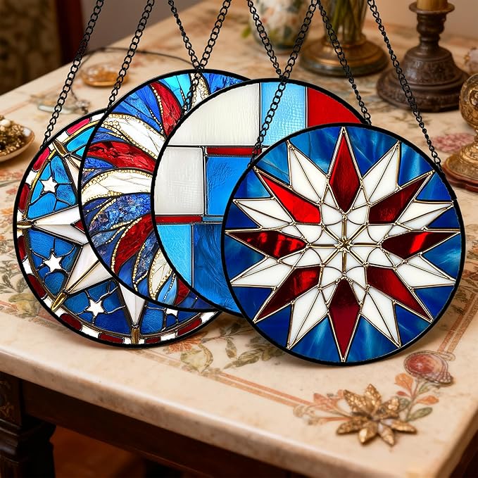 AMDERVEN Stained Glass Window Hanging 4 Pcs Set Abstract Flowers in Red White Blue 7.8" - Suncatcher Door Garden Sun Catcher Decor Birthday Mother's Day Xmas Gift for Mom Woman Nana Men Parents