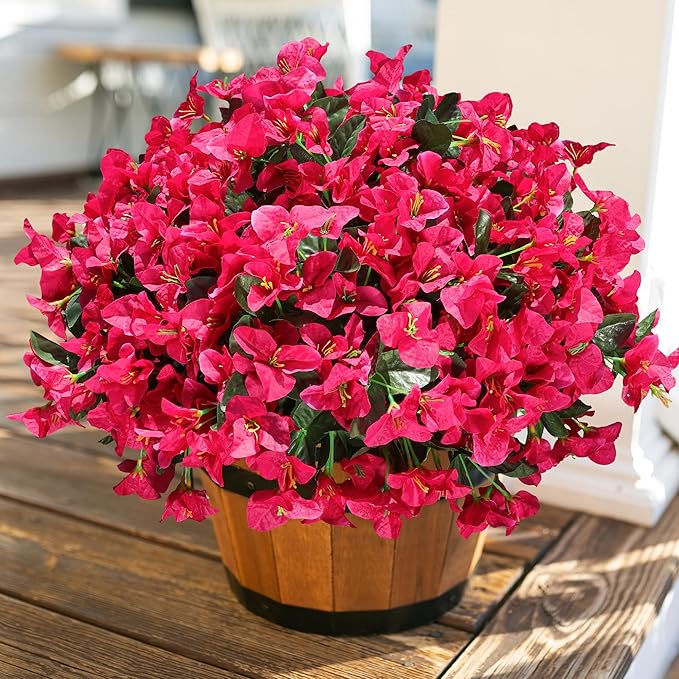 Ivydale Artificial Flowers for Outdoors Spring Summer Decor, 4 Bundles Fake Bougainvillea Silk Flowers for Outside Faux Outdoor Plants UV Resistant Realistic for Planter Patio Porch Balcony, Hotpink