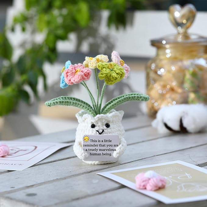 YOOJEE Forget-Me-Not Positive Crochet Flowers Plants Gift Handmade Desk Decor with Card “This is a Little Reminder” Appreciation Inspirational Gift for Coworkers Women Employee Teacher Best Friend Mom