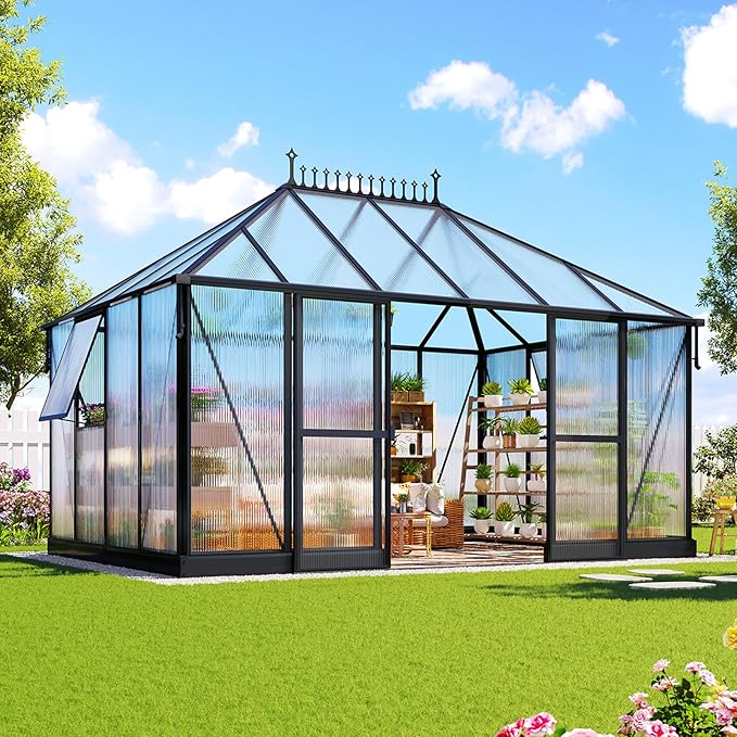 14x9.7x10 FT Polycarbonate Greenhouses for Outdoors, Large Huge Greenhouse Sunroom with 2 Adjustable Windows &Sliding Door, Walk-in Design with Aluminum Frame for Patio, Garden