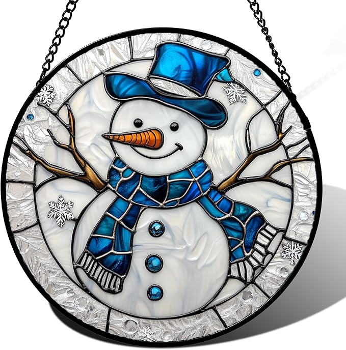 DASTOLL Stained Glass Window Hanging Christmas Snowman Blue White 6.3" - Suncatcher Door Garden Sun Catcher Home Decor Birthday Mother's Day Xmas Gift for Mom Men Woman Her Nana Parents Girl