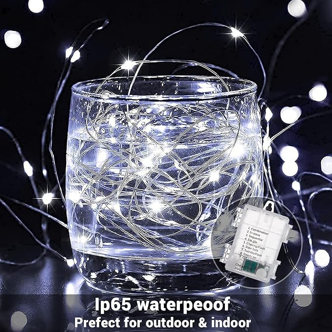 2 Pack Total 200 LED Fairy Lights Battery Operated String Lights with Remote & 8 Modes, 33FT Waterproof Copper Wire Battery Powered Twinkle Lights for Outdoor Christmas Parties Decoration White