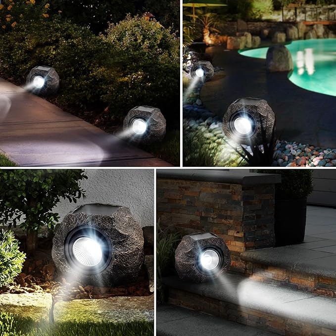 Solar Garden Rock Lights Outdoor - IP65 LED Waterproof Solar Spotlight, Solar Powered Landscape Path Decorative Garden Stone Lights for Pathway, Walkway, Yard, Patio (2 Pack)