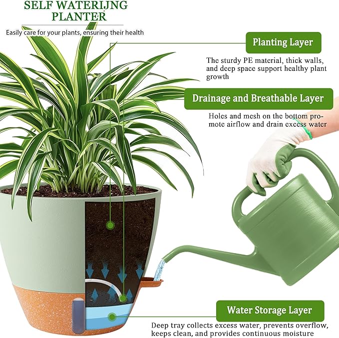 Fielda 8/10/12 Inch Self Watering Pots for Indoor/Outdoor Plants - Large Plastic Planter with Drainage Holes, Water Level Indicator & Deep Reservoir, Modern Decorative Flower Pots (Green)