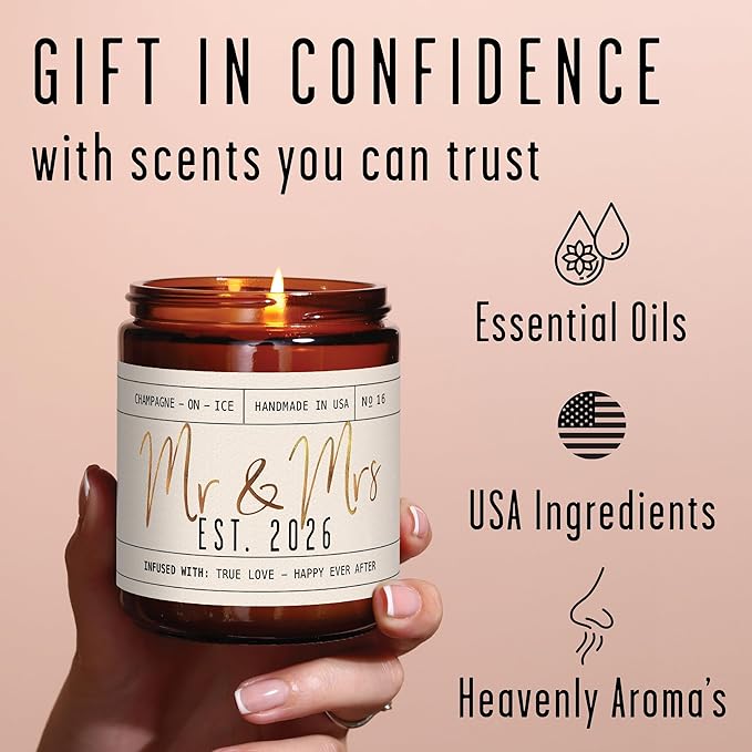 Wedding Gifts for Couples 2026, Bridal Shower Gifts from Bride - 'Mr and Mrs Est. 2026 Candle, w/Champagne on Ice I Wedding Shower for Newlyweds I 50Hr Burn, USA Made