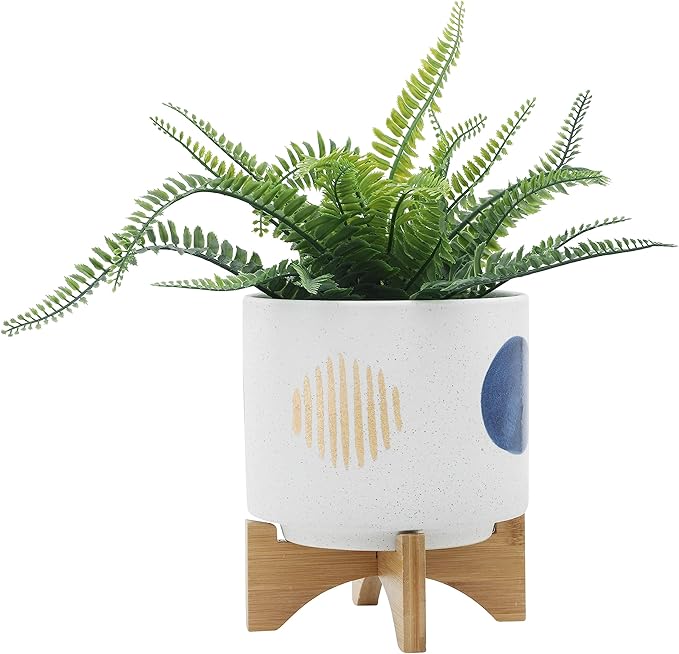 Ceramic Planter Set with Bamboo Stand – Plant Stand Indoor For Everyday Greenery, Living Room or Patio, Geometric Design Planter with Stand For Sculptural Home Decor Display – 11" 7", White