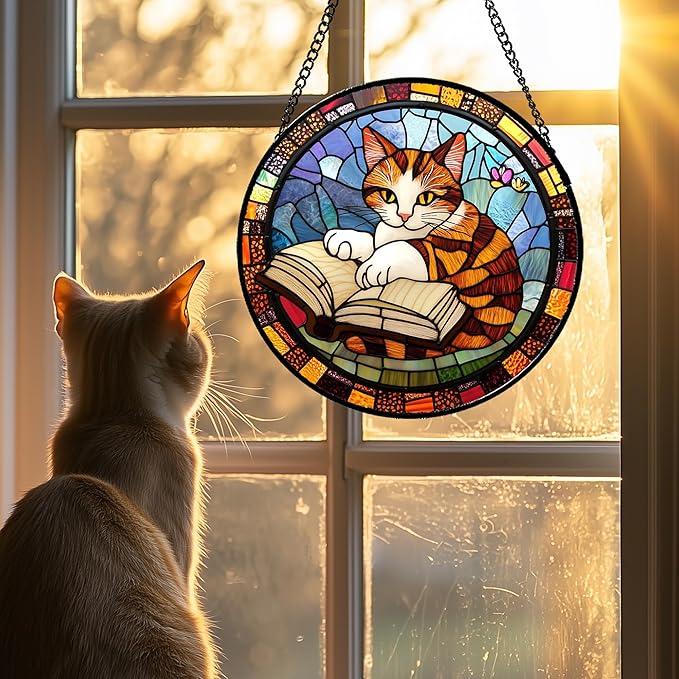 DASTOLL Stained Glass Window Hanging Little Cat Reading Large 15" - Suncatcher Door Garden Kitchen Sunroom Sun Catcher Home Decor Birthday for Lost Pets Mom Grandma Men Woman Friend