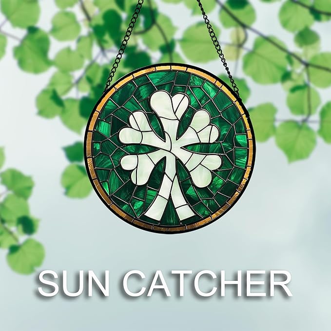 QZQCBLC Stained Glass Window Hanging Green Clover 9.8" - Suncatcher Door Garden Sun Catcher Home Ireland Decor Birthday Mother's Day St Patrick's Day Gifts for Mom Men Woman Wife Friend