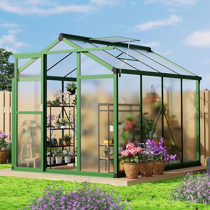 6x8 ft Greenhouse, Aluminum Frame & Polycarbonate Panel Greenhouse for Outdoors, Green House with Adjustable Roof Vent & Lockable Door, Durable Walk-in Green Houses for Backyard, Patio, Lawn