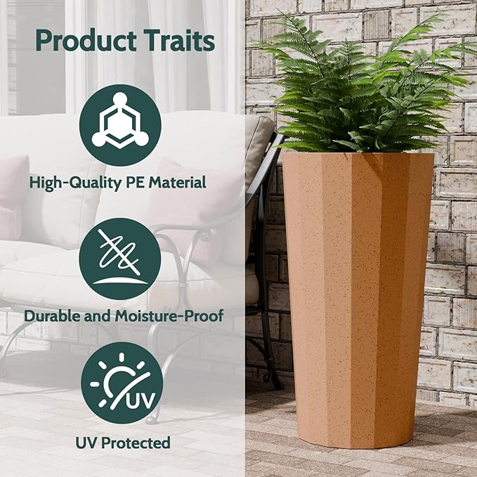 Diyfire 2PCS Tall Planters for Outdoor Plants, 23.6 Inches Large Outdoor Conical Flower Pots for Porch with Drainage Holes and Drainage Baffle, Tapered Large Planters for Garden, Balcony Clay Color