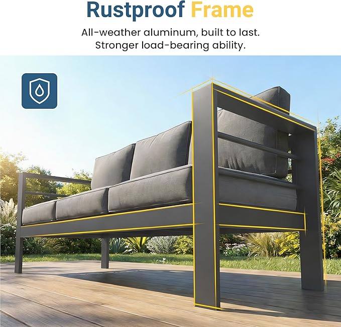Wisteria Lane Aluminum Outdoor Patio Furniture Set, Modern Patio Conversation Sets, Outdoor Sectional Metal Sofa with 5 Inch Cushion and Coffee Table for Balcony, Garden, Dark Grey