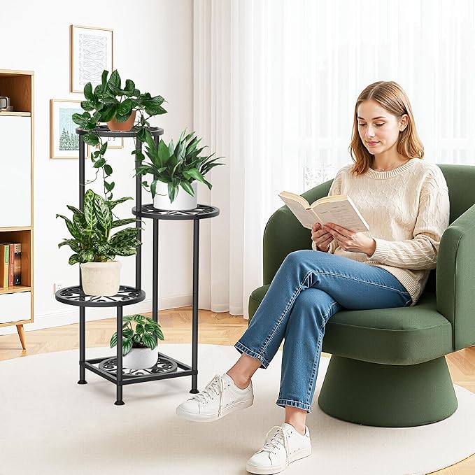 YOCOMEY 4 Tier Plant Stand Outdoor Indoor, Metal Flower Shelf Display Holder, Multiple Plants Corner Tall Flower Holders for Patio Balcony Porch Garden Living Room (Black)
